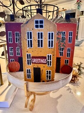 Halloween Fall Home Holiday 'Greetings' Painted Wooden House Trio Set